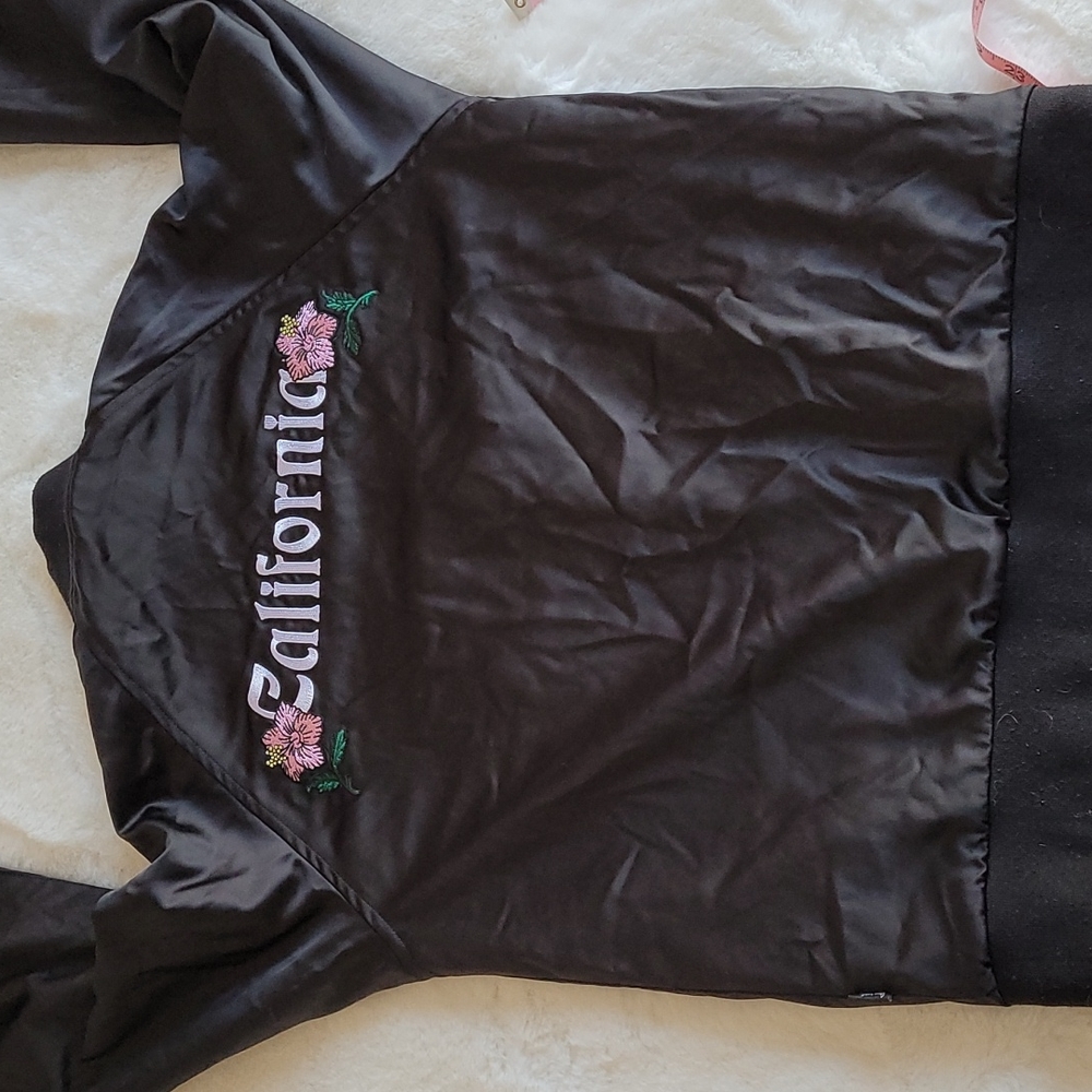 Stussy California Embroidered Black Satin Full Zip Floral Bomber Jacket